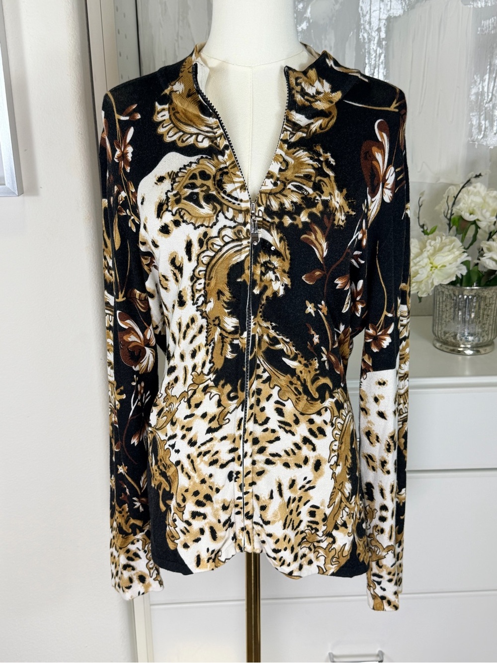 Kactus Baroque Leopard Print Full Zip Jacket Top EUC Large
